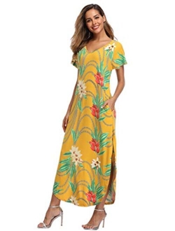 VEW Store Women's Maxi Dress Floral Printed Long Casual Beach Party Dress with Pocket