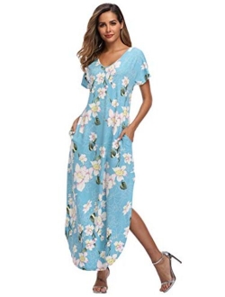 VEW Store Women's Maxi Dress Floral Printed Long Casual Beach Party Dress with Pocket