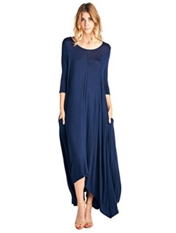 12 Ami Solid 3/4 Sleeve Pocket Loose Maxi Dress (S-3X) - Made in USA