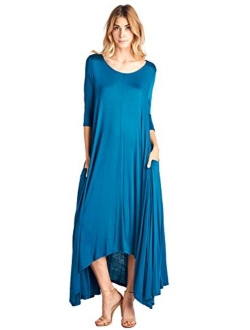 12 Ami Solid 3/4 Sleeve Pocket Loose Maxi Dress (S-3X) - Made in USA