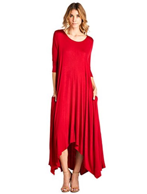 12 Ami Solid 3/4 Sleeve Pocket Loose Maxi Dress (S-3X) - Made in USA