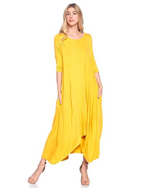 12 Ami Solid 3/4 Sleeve Pocket Loose Maxi Dress (S-3X) - Made in USA