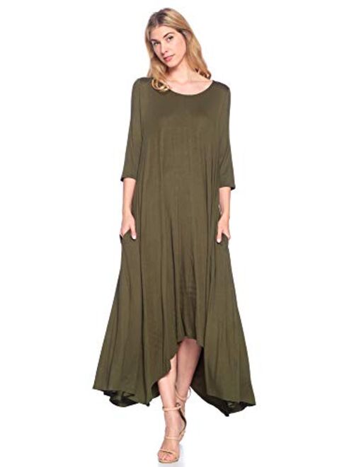 12 Ami Solid 3/4 Sleeve Pocket Loose Maxi Dress (S-3X) - Made in USA