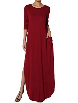 S~3X 3/4 Sleeve Loose Plain Curved Split Hem Long Maxi Dress w Pocket