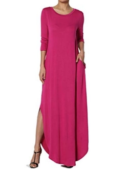 S~3X 3/4 Sleeve Loose Plain Curved Split Hem Long Maxi Dress w Pocket