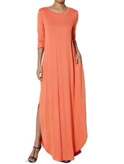 S~3X 3/4 Sleeve Loose Plain Curved Split Hem Long Maxi Dress w Pocket