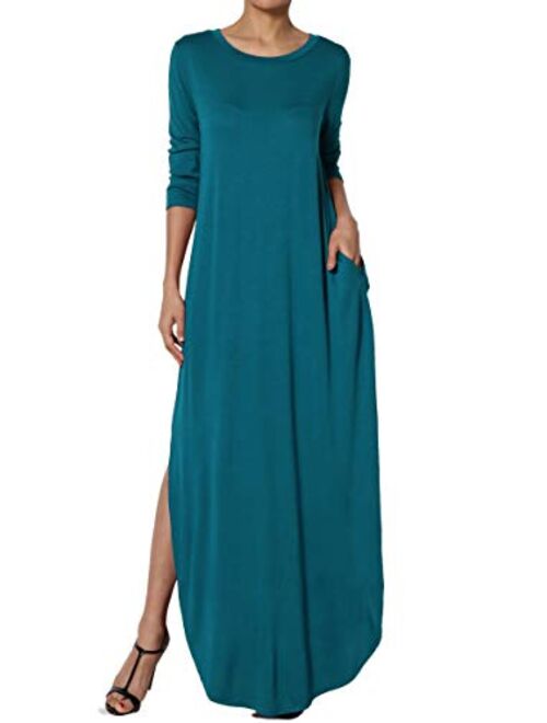 TheMogan S~3X 3/4 Sleeve Loose Plain Curved Split Hem Long Maxi Dress w Pocket