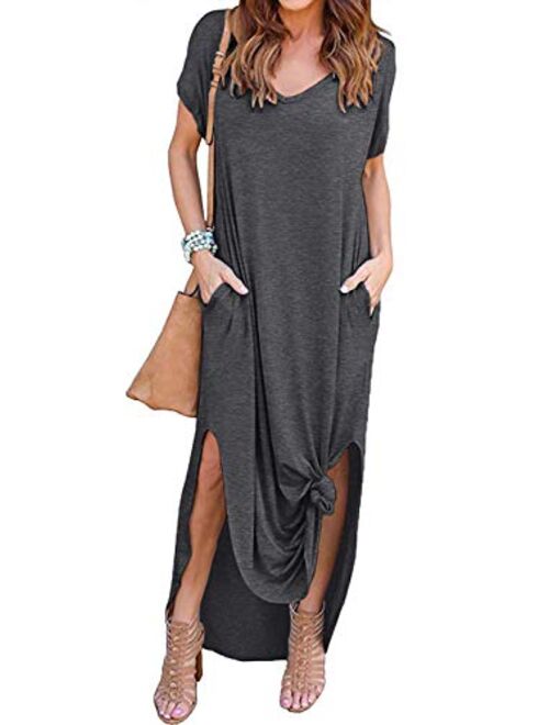 Zilcremo Women Summer Casual Maxi Dress Loose Pockets Short Sleeve Split Boho Dresses