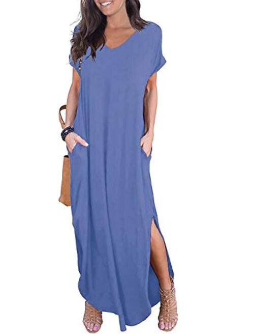 Zilcremo Women Summer Casual Maxi Dress Loose Pockets Short Sleeve Split Boho Dresses