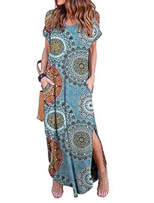 Zilcremo Women Summer Casual Maxi Dress Loose Pockets Short Sleeve Split Boho Dresses