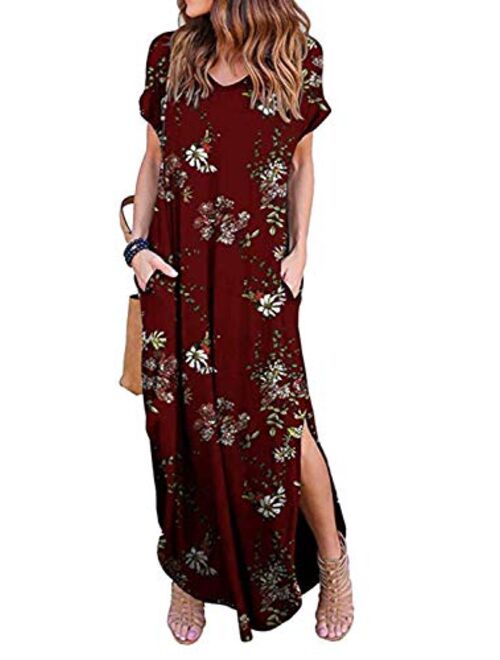 Zilcremo Women Summer Casual Maxi Dress Loose Pockets Short Sleeve Split Boho Dresses