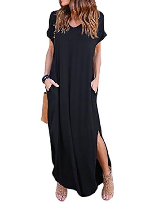 Zilcremo Women Summer Casual Maxi Dress Loose Pockets Short Sleeve Split Boho Dresses