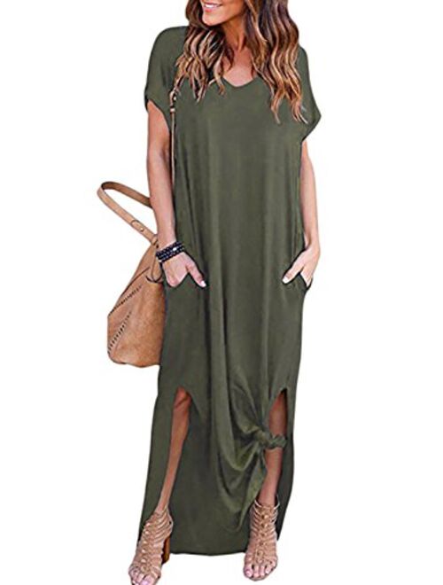 Zilcremo Women Summer Casual Maxi Dress Loose Pockets Short Sleeve Split Boho Dresses