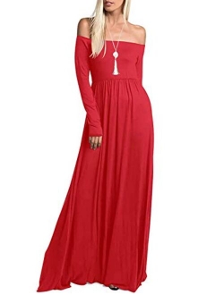 Amoretu Womens Casual Long Sleeve Off Shoulder Maxi Long Dress with Pocket