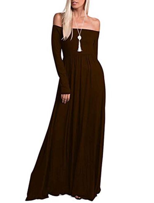 Amoretu Womens Casual Long Sleeve Off Shoulder Maxi Long Dress with Pocket