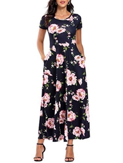 ZABERRY Women's Short Sleeve Round Neck Casual Summer Flowy Maxi Dresses with Pockets