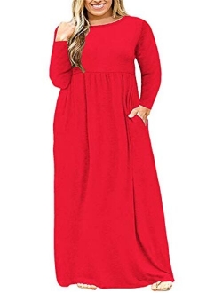 BISHUIGE Womens L-6XL Long Sleeve Casual Plus Size Maxi Dresses with Pockets