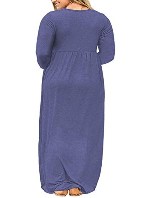 BISHUIGE Womens L-6XL Long Sleeve Casual Plus Size Maxi Dresses with Pockets