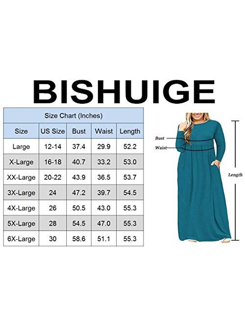 BISHUIGE Womens L-6XL Long Sleeve Casual Plus Size Maxi Dresses with Pockets