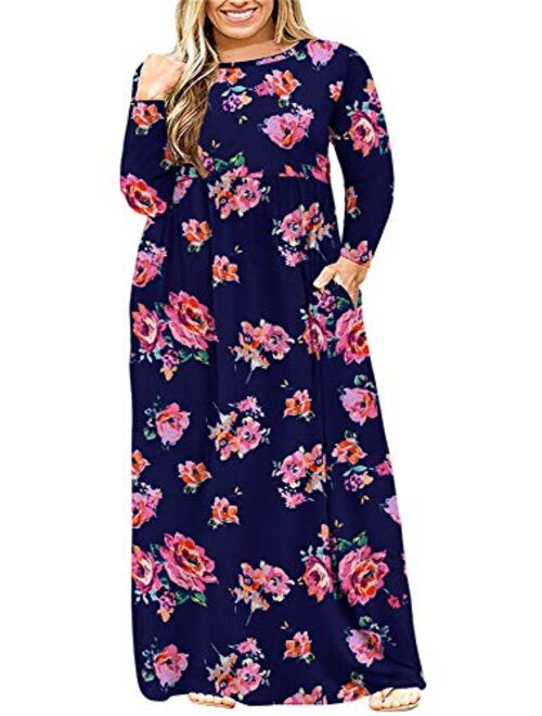 BISHUIGE Womens L-6XL Long Sleeve Casual Plus Size Maxi Dresses with Pockets