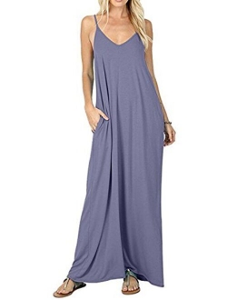 Vansha Womens Casual Plain V-Neck Loose Beach Cover-Up Long Maxi Cami Dress Pockets