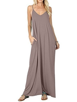 Vansha Womens Casual Plain V-Neck Loose Beach Cover-Up Long Maxi Cami Dress Pockets