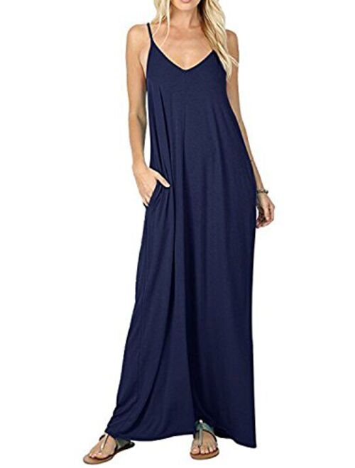 Vansha Womens Casual Plain V-Neck Loose Beach Cover-Up Long Maxi Cami Dress Pockets