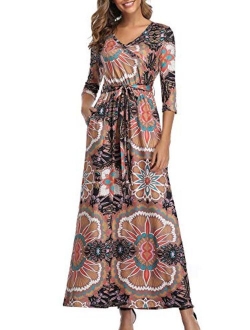 CYiNu Women's 3/4 Sleeve V Neck Casual Floral Print Pocket Faux Wrap Long Maxi Dress with Belt