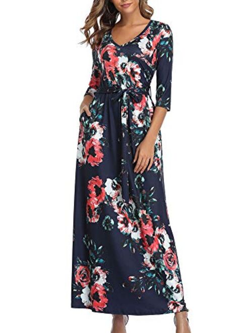 CYiNu Women's 3/4 Sleeve V Neck Casual Floral Print Pocket Faux Wrap Long Maxi Dress with Belt