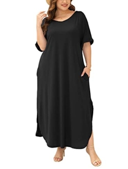 Yskkt Women's Plus Size Maxi Dresses Short Sleeve Casual Summer Split T Shirt Long Dress with Pockets