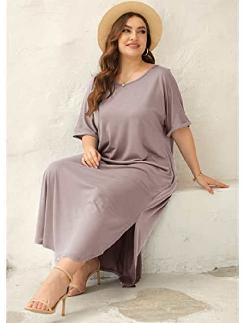 Yskkt Women's Plus Size Maxi Dresses Short Sleeve Casual Summer Split T Shirt Long Dress with Pockets