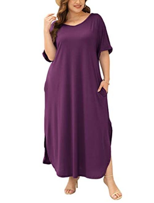 Yskkt Women's Plus Size Maxi Dresses Short Sleeve Casual Summer Split T Shirt Long Dress with Pockets