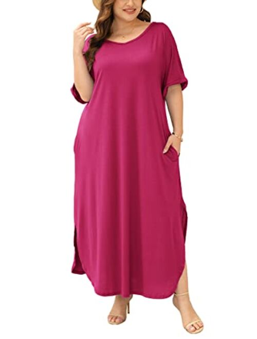 Yskkt Women's Plus Size Maxi Dresses Short Sleeve Casual Summer Split T Shirt Long Dress with Pockets