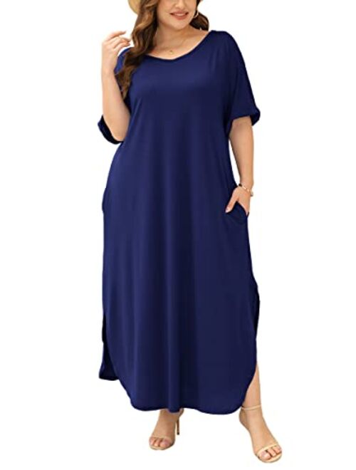 Yskkt Women's Plus Size Maxi Dresses Short Sleeve Casual Summer Split T Shirt Long Dress with Pockets