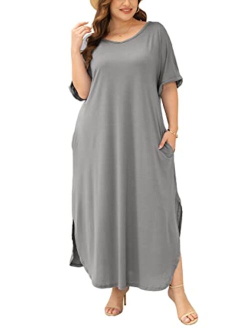 Yskkt Women's Plus Size Maxi Dresses Short Sleeve Casual Summer Split T Shirt Long Dress with Pockets