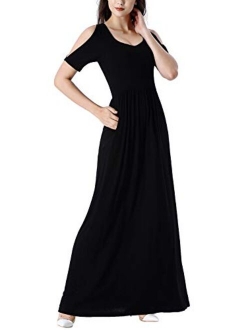 VFSHOW Womens Summer Cold Shoulder Pockets Pleated Loose Plain Formal Casual Party Maxi Dress