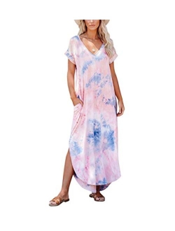 Women's Short Sleeve V Neck Dress Side Split Maxi Dresses Tie Dyed with Pockets