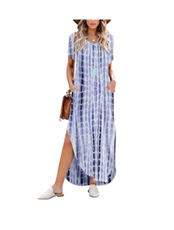 Women's Short Sleeve V Neck Dress Side Split Maxi Dresses Tie Dyed with Pockets