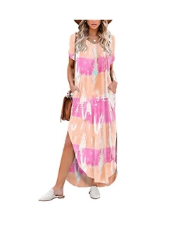 Women's Short Sleeve V Neck Dress Side Split Maxi Dresses Tie Dyed with Pockets