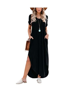 Women's Short Sleeve V Neck Dress Side Split Maxi Dresses Tie Dyed with Pockets