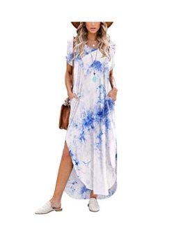 Women's Short Sleeve V Neck Dress Side Split Maxi Dresses Tie Dyed with Pockets