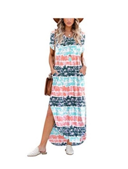 Women's Short Sleeve V Neck Dress Side Split Maxi Dresses Tie Dyed with Pockets