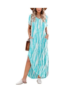 Women's Short Sleeve V Neck Dress Side Split Maxi Dresses Tie Dyed with Pockets