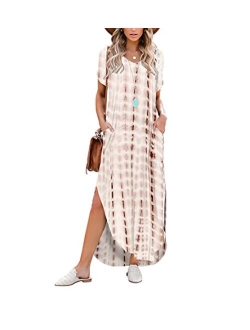 Women's Short Sleeve V Neck Dress Side Split Maxi Dresses Tie Dyed with Pockets