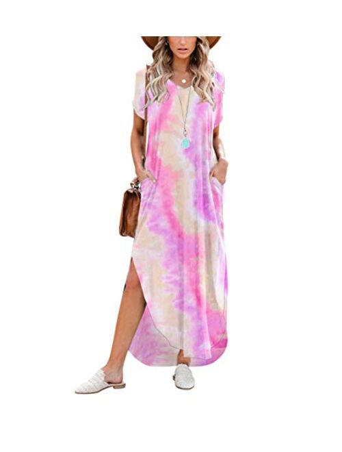 Women's Short Sleeve V Neck Dress Side Split Maxi Dresses Tie Dyed with Pockets