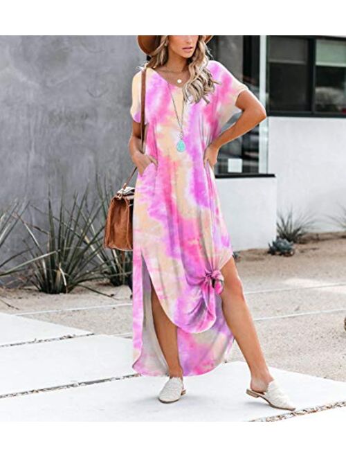 Women's Short Sleeve V Neck Dress Side Split Maxi Dresses Tie Dyed with Pockets