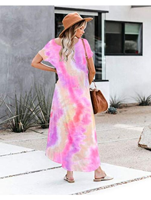 Women's Short Sleeve V Neck Dress Side Split Maxi Dresses Tie Dyed with Pockets