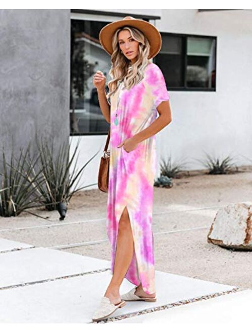 Women's Short Sleeve V Neck Dress Side Split Maxi Dresses Tie Dyed with Pockets