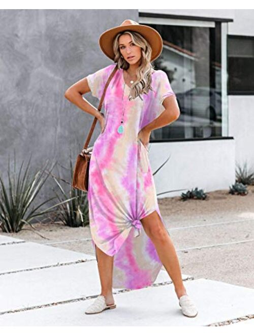 Women's Short Sleeve V Neck Dress Side Split Maxi Dresses Tie Dyed with Pockets