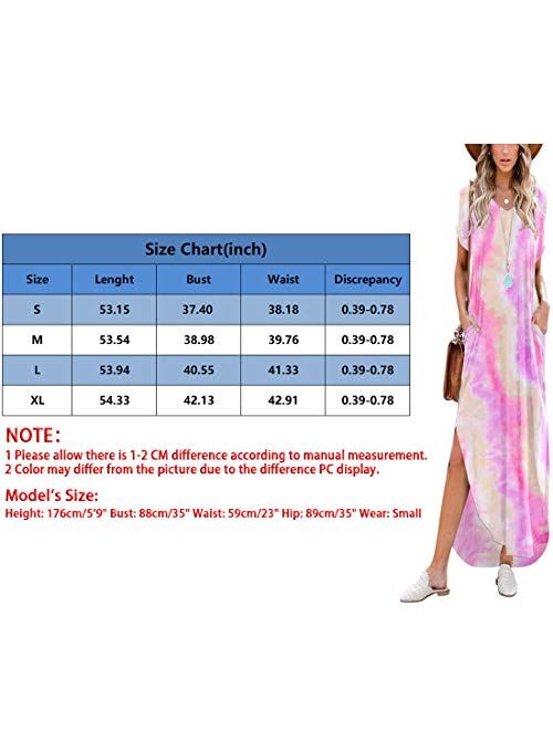 Women's Short Sleeve V Neck Dress Side Split Maxi Dresses Tie Dyed with Pockets